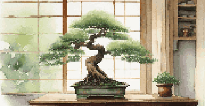 A bonsai tree displayed on a wooden table with soft light coming through a window, surrounded by other small plants in a cozy indoor garden.