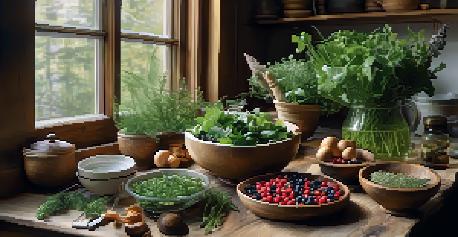 A rustic kitchen table filled with various foraged ingredients and an open recipe book, illuminated by natural light.