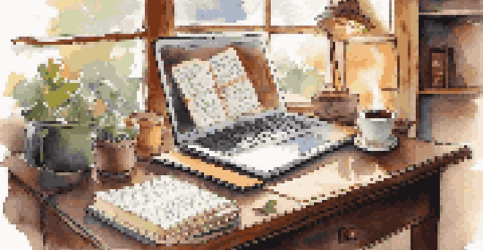 A wooden desk with a laptop, a cup of coffee, a travel journal, and a globe, illuminated by sunlight, creating a cozy writing environment.