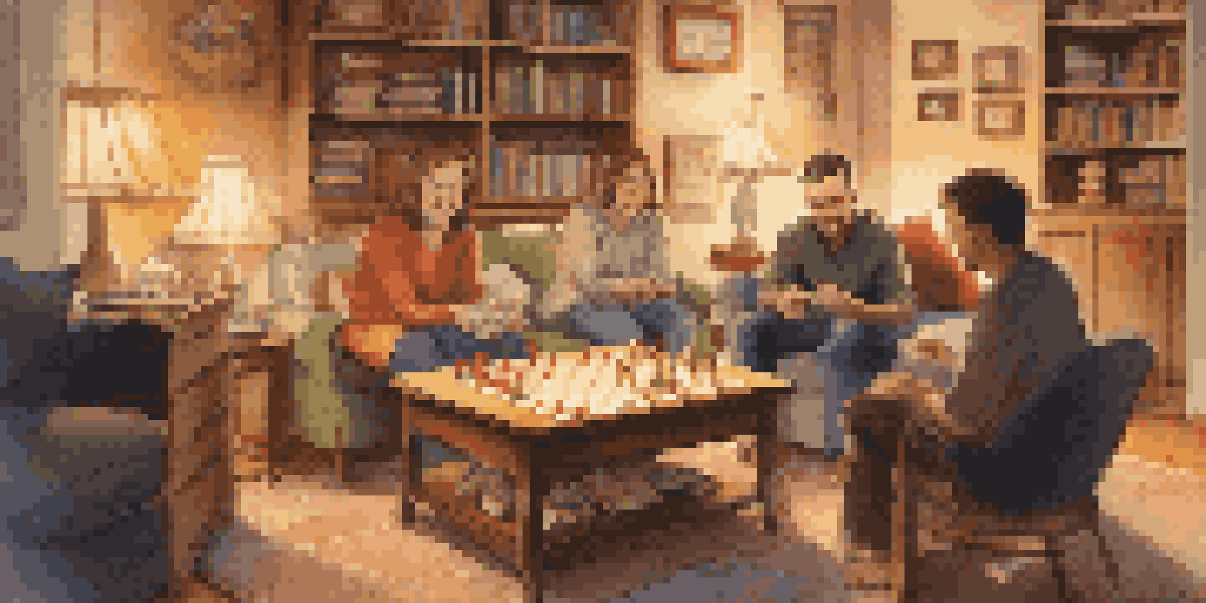 A family enjoying a board game night in a cozy living room, with warm lighting and shelves filled with games.