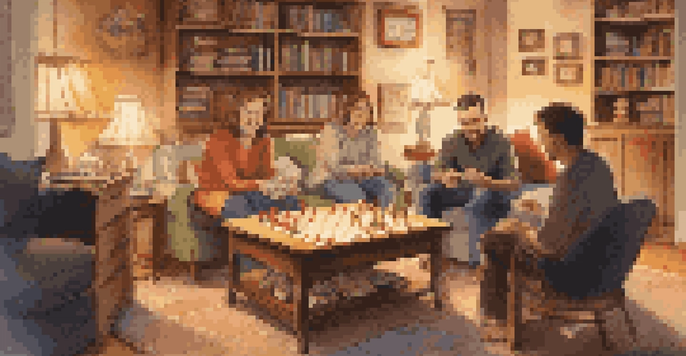 A family enjoying a board game night in a cozy living room, with warm lighting and shelves filled with games.