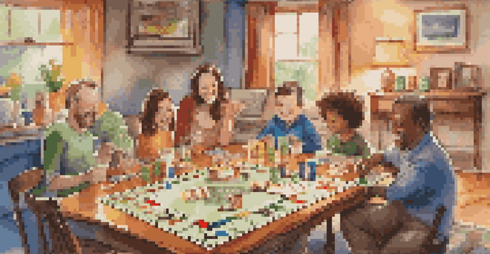 A family gathered around a table playing Monopoly, with colorful game pieces and a warm ambiance.