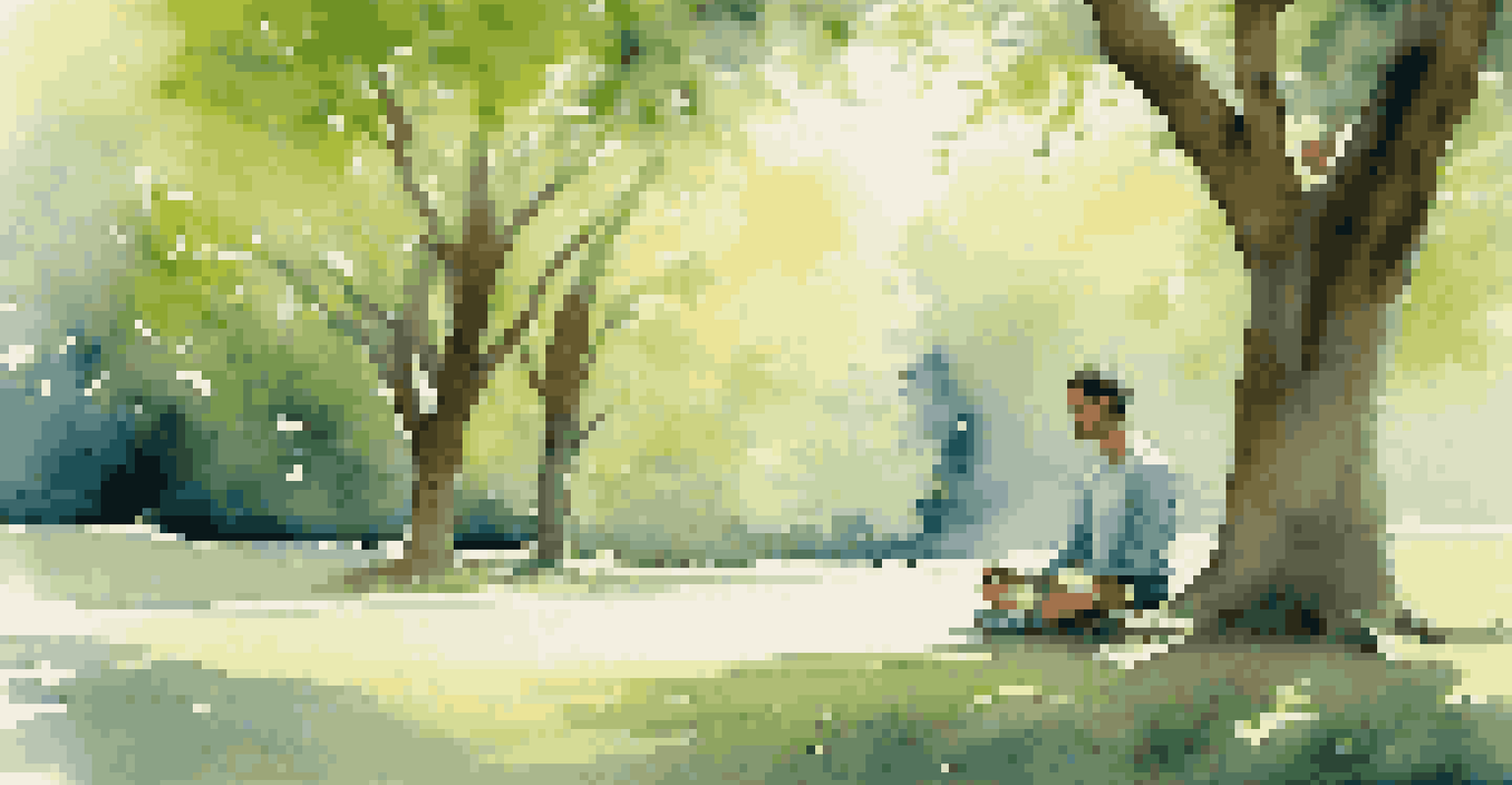 A person sitting cross-legged in a park, eyes closed and serene, surrounded by greenery, practicing visualization for extreme sports.