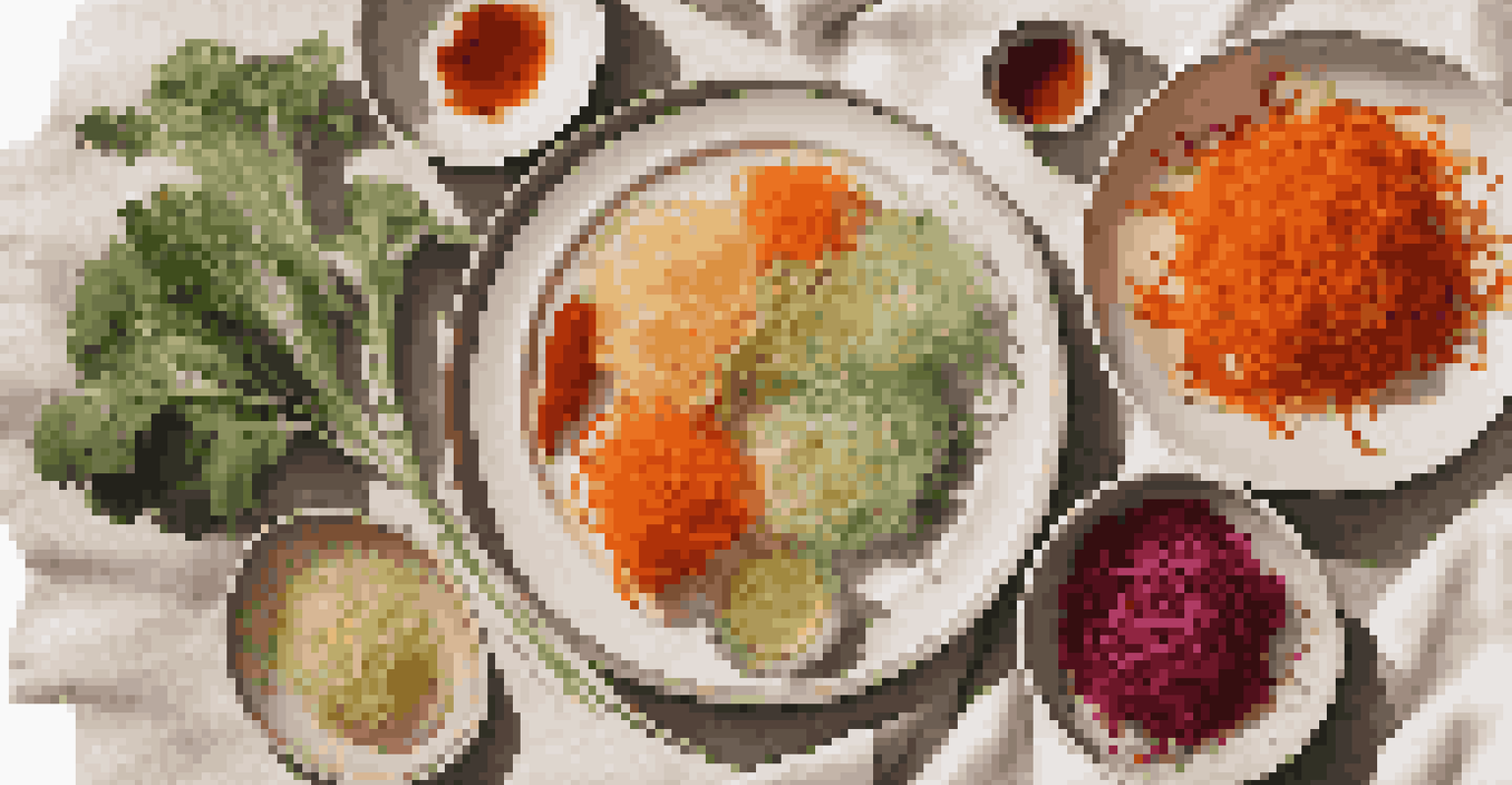 An artistic arrangement of various fermented vegetables on a plate, with herbs and a dipping sauce in the background.