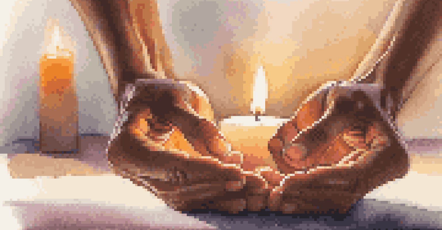 A close-up of hands in a yoga pose on a textured mat, with a blurred background of a peaceful indoor setting.
