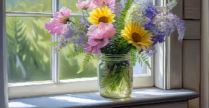 A mason jar filled with colorful spring wildflowers and ferns, illuminated by natural light.