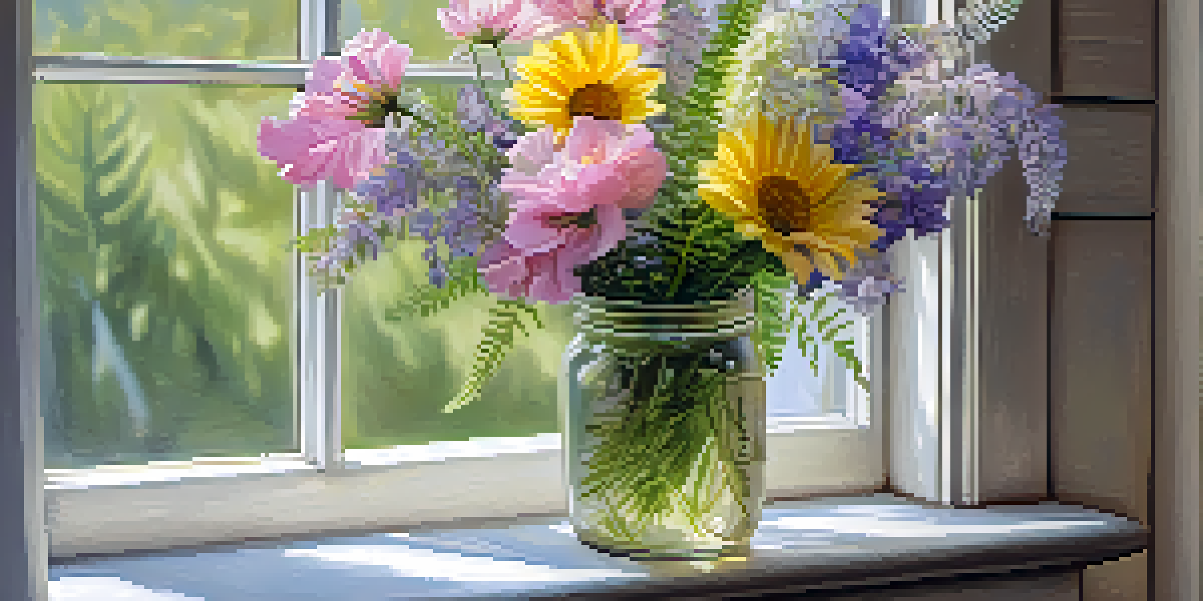 A mason jar filled with colorful spring wildflowers and ferns, illuminated by natural light.