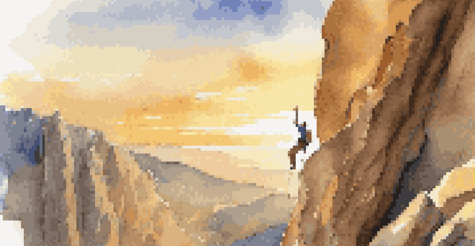 A climber scaling a rock formation at sunset, surrounded by natural climbing holds.