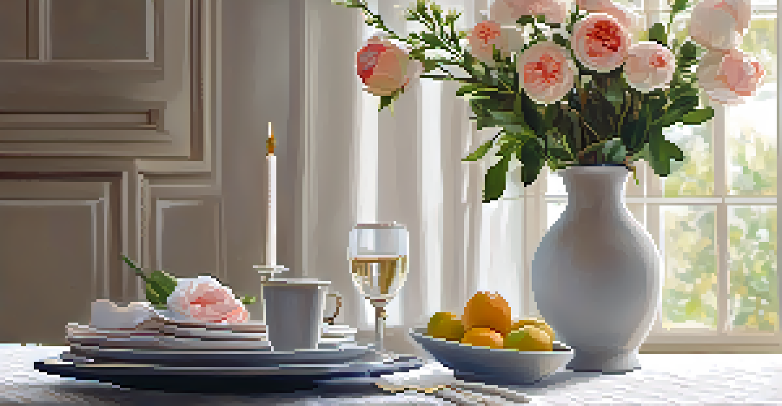 A dining table set with a handmade tablecloth and matching napkins, decorated with flowers and simple dishware, illuminated by soft ambient light.