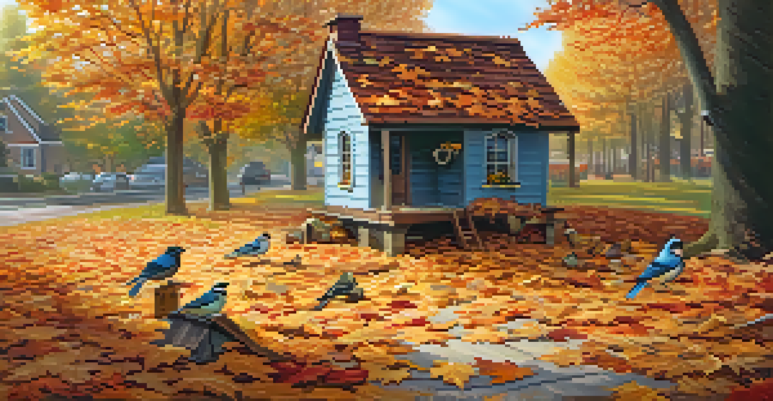A birdhouse surrounded by autumn leaves, with birds foraging and perched on top.