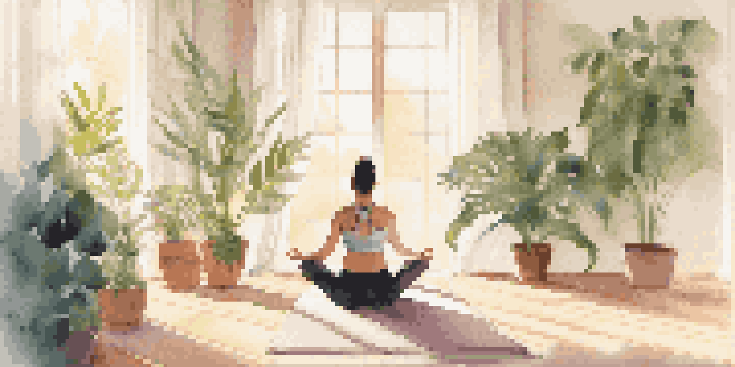 A person doing yoga stretches on a mat in a bright room filled with plants, illuminated by morning sunlight.