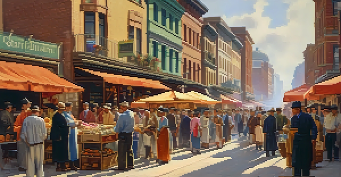 A bustling urban street filled with vendors, colorful banners, and diverse people enjoying the vibrant atmosphere under warm sunlight.