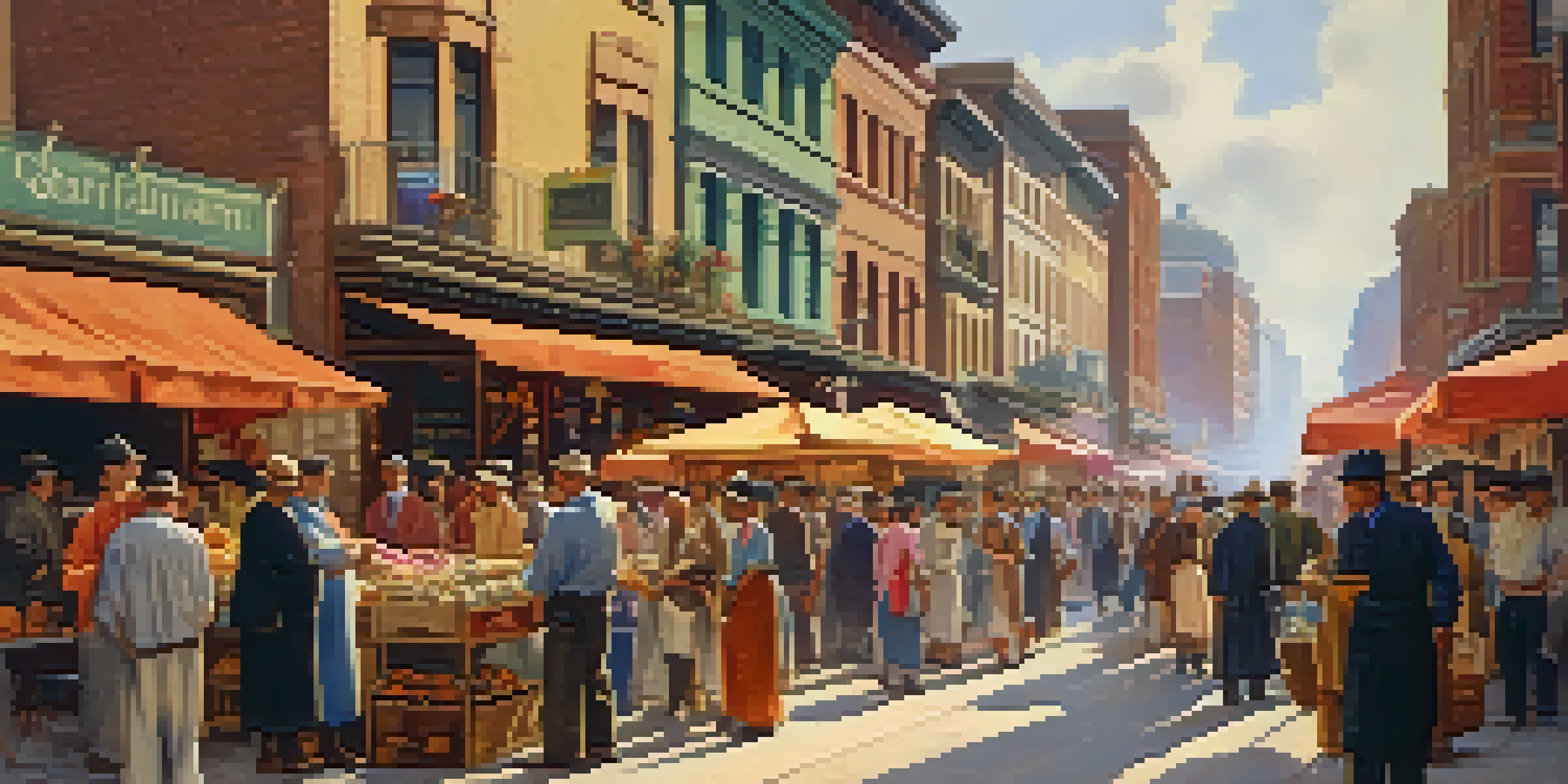 A bustling urban street filled with vendors, colorful banners, and diverse people enjoying the vibrant atmosphere under warm sunlight.