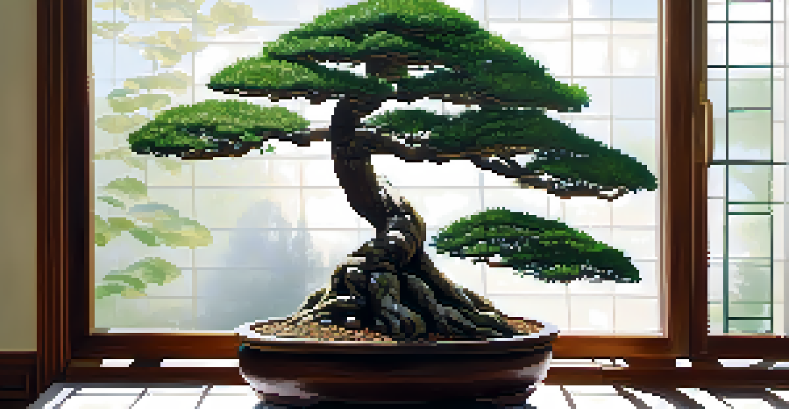 An Informal Upright bonsai tree with a curved trunk and green leaves, illuminated by sunlight from a window.