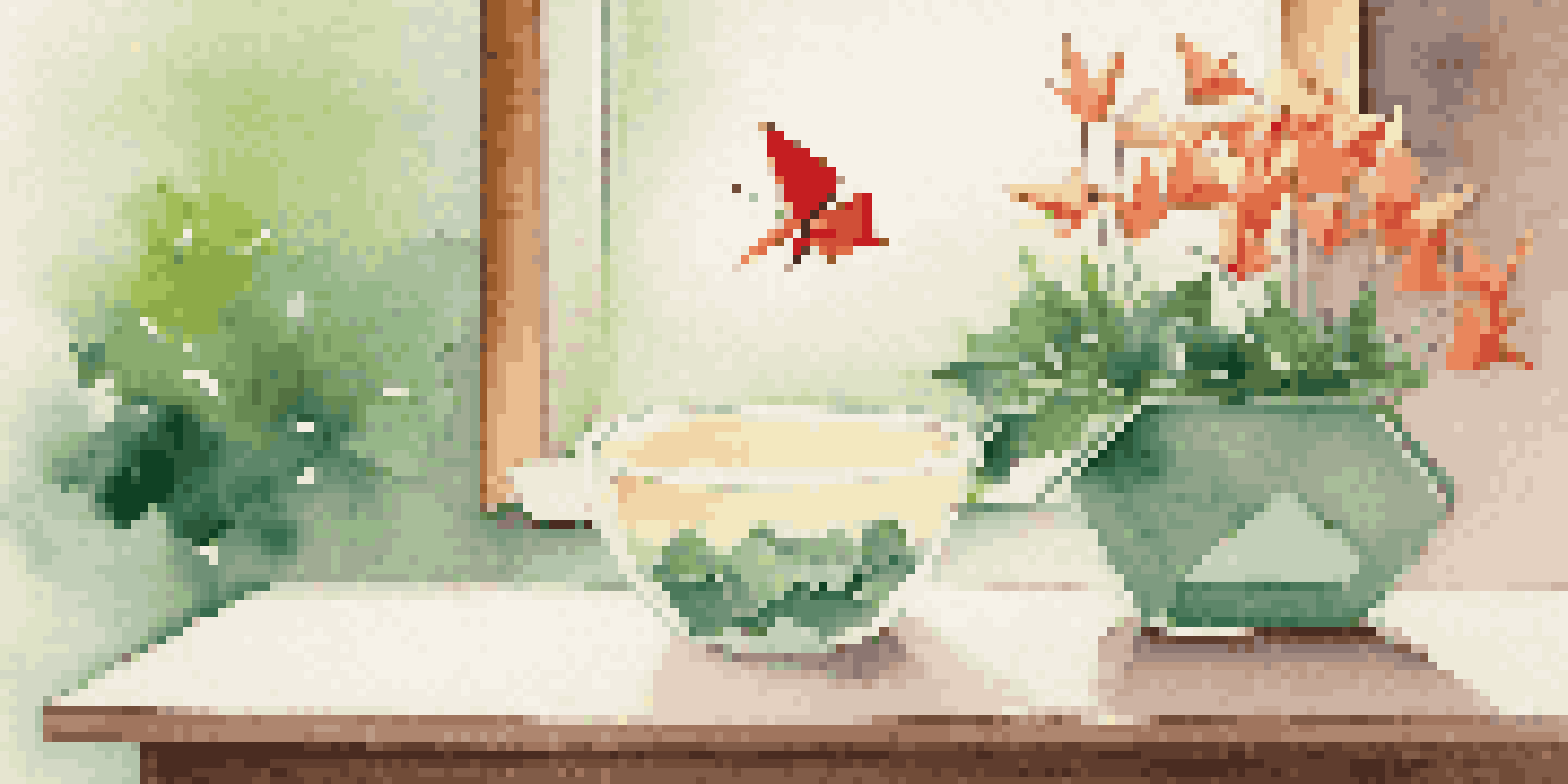 An indoor table setting with a colorful origami butterfly and heart on a card, surrounded by soft lighting and a green plant.