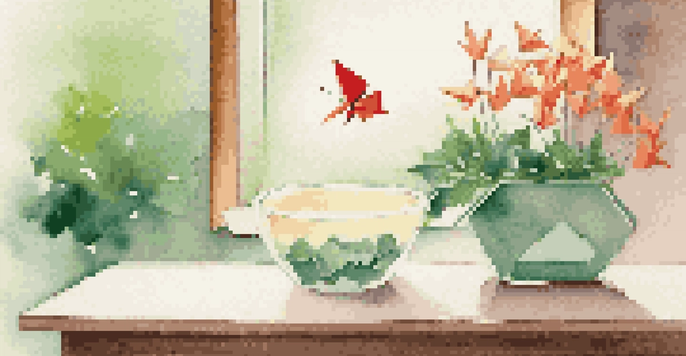 An indoor table setting with a colorful origami butterfly and heart on a card, surrounded by soft lighting and a green plant.