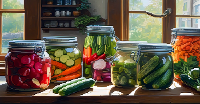 A colorful kitchen countertop with jars of freshly pickled vegetables like cucumbers and carrots, illuminated by natural light.