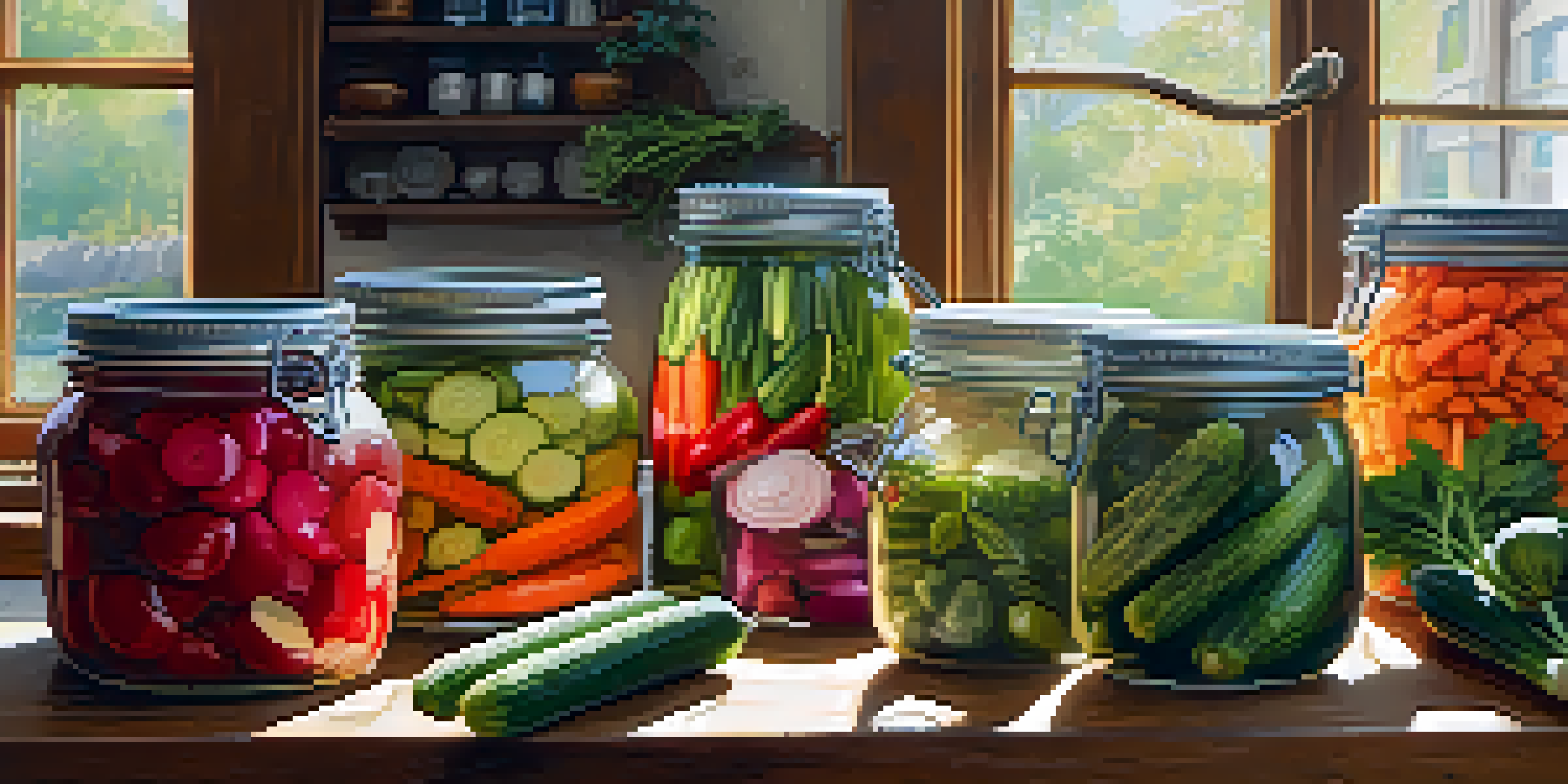 A colorful kitchen countertop with jars of freshly pickled vegetables like cucumbers and carrots, illuminated by natural light.