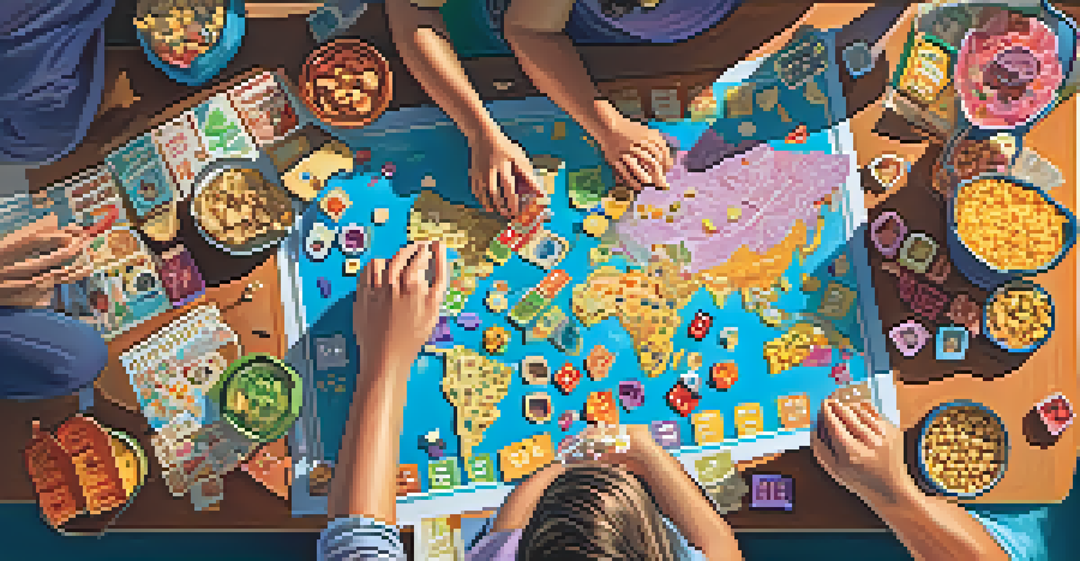 An overhead view of players engaged in a cooperative board game, with colorful game pieces and snacks on the table.