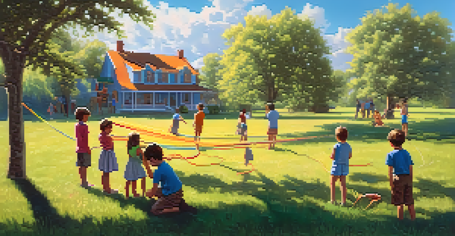 Children performing a rope trick in a sunny outdoor setting, with others watching in amazement, surrounded by green grass and trees.