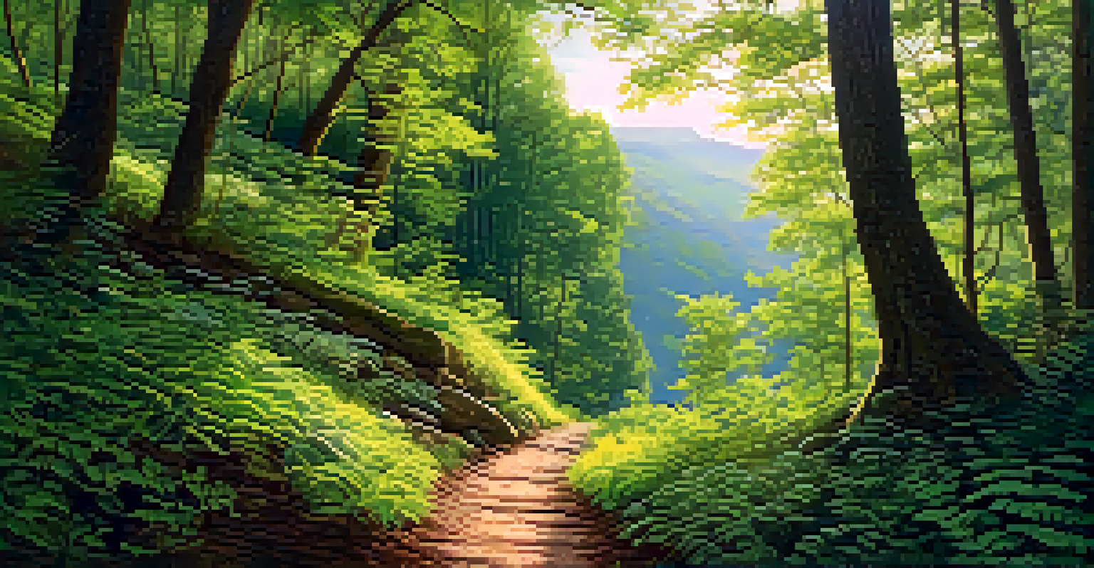 A traveler taking photos on a hiking trail surrounded by a lush green forest.