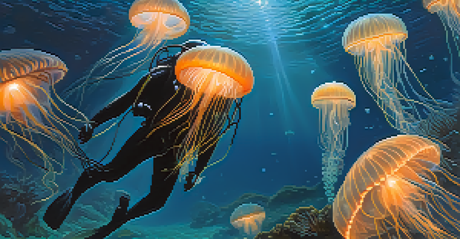 A diver watching a glowing jellyfish during a night dive, surrounded by bioluminescent particles.