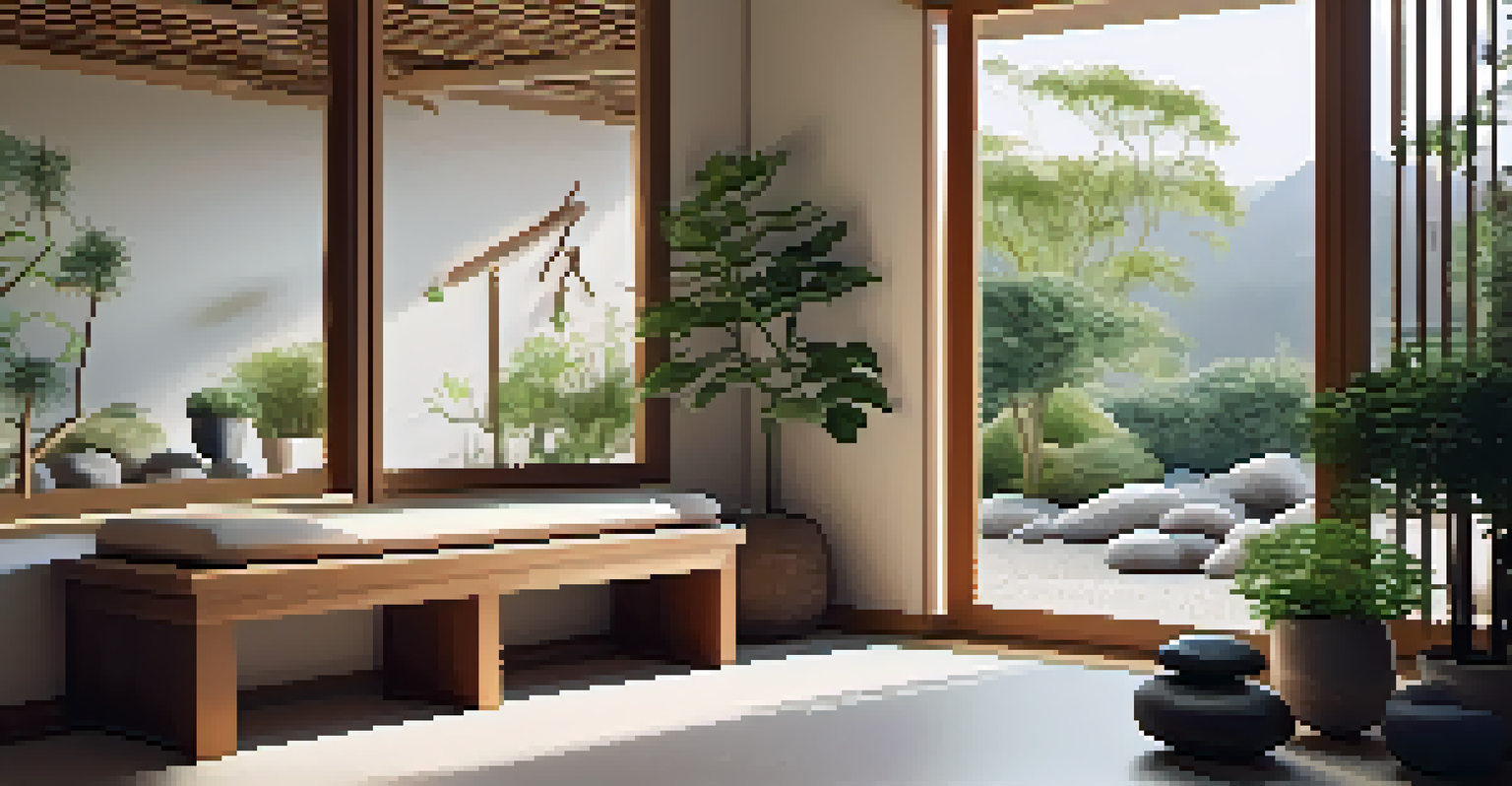 A cozy indoor corner with a Zen garden, raked gravel, stones, and potted plants, bathed in natural light.