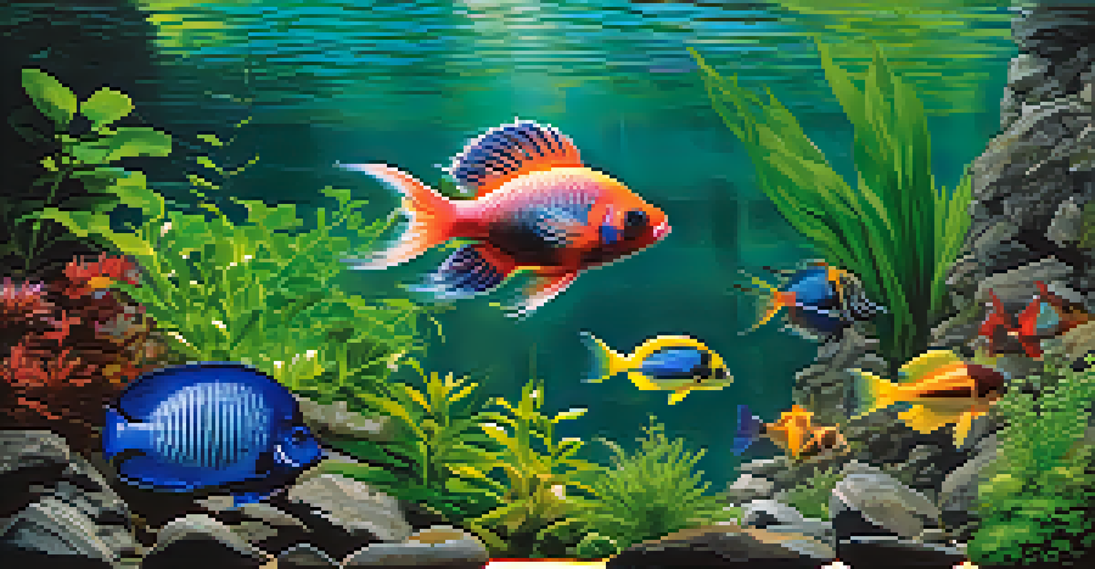 An underwater scene with colorful fish swimming among vibrant plants and rocks under clear water and soft lighting.