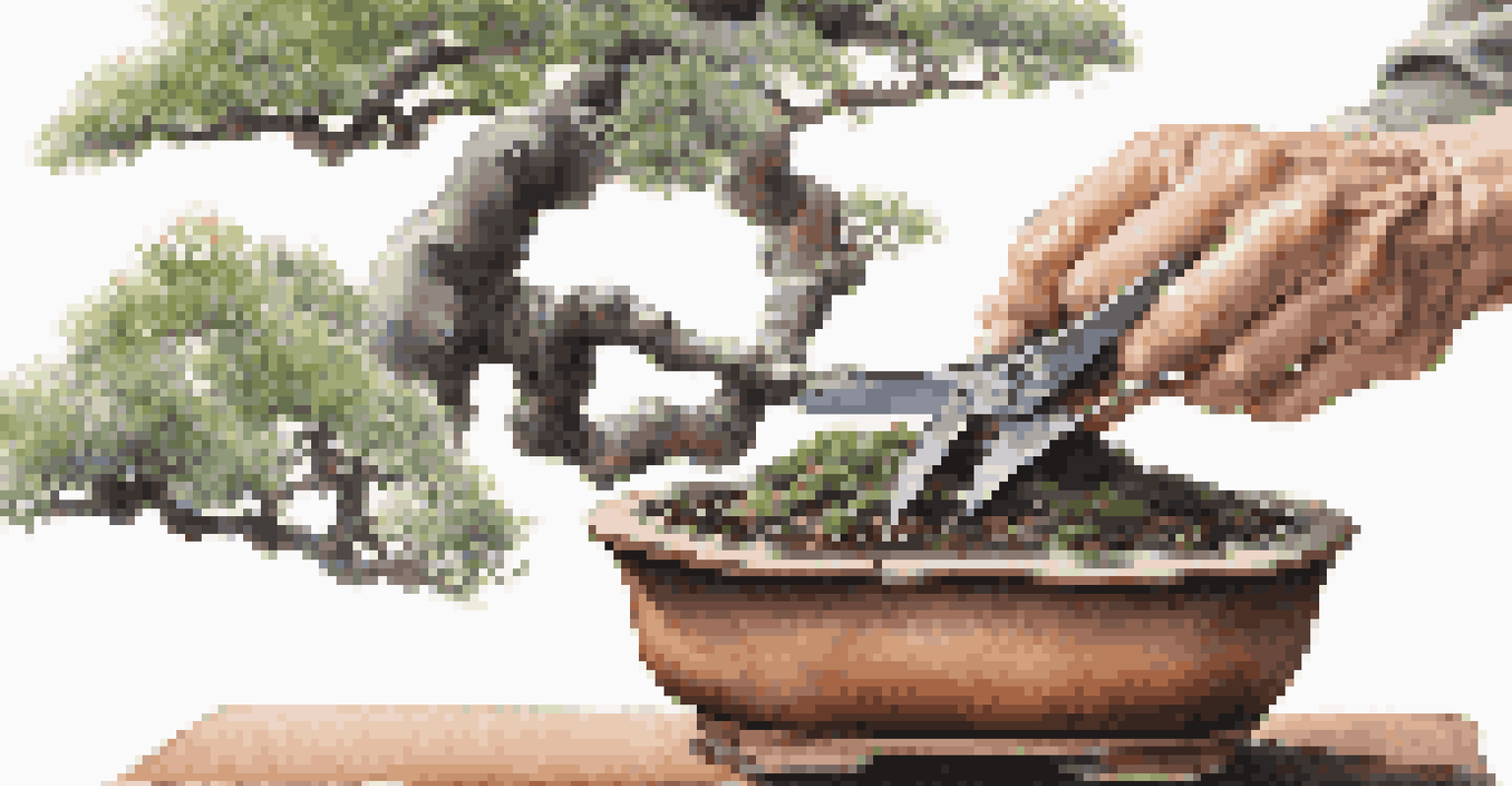 A close-up of a bonsai tree with pruning shears, focusing on the leaves and the pruning process.