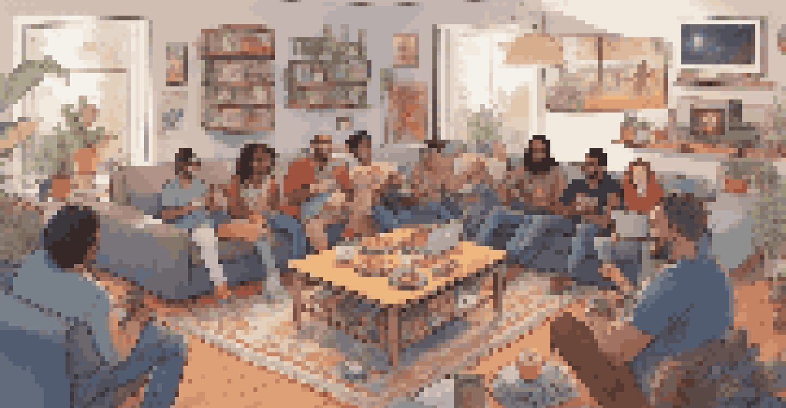 A diverse group of friends watching a game stream together in a cozy living room filled with snacks and gaming posters.