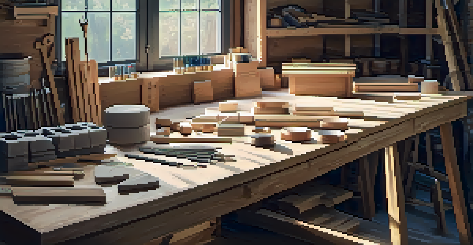 A close-up view of construction materials and tools neatly arranged on a workbench in a workshop.