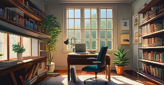 A warm and inviting home office with a wooden desk, laptop, bookshelves, a cup of tea, and sunlight streaming through the window.