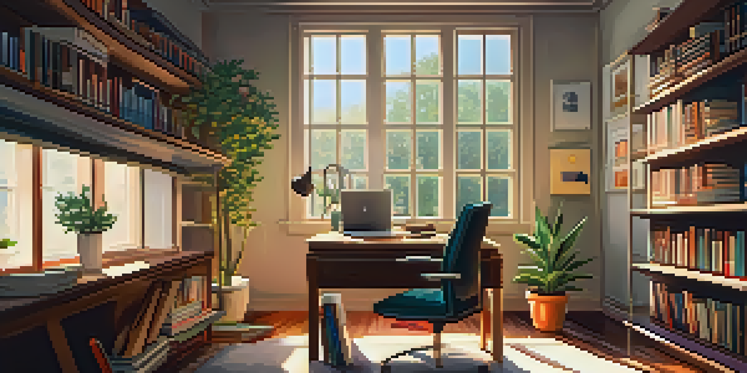 A warm and inviting home office with a wooden desk, laptop, bookshelves, a cup of tea, and sunlight streaming through the window.