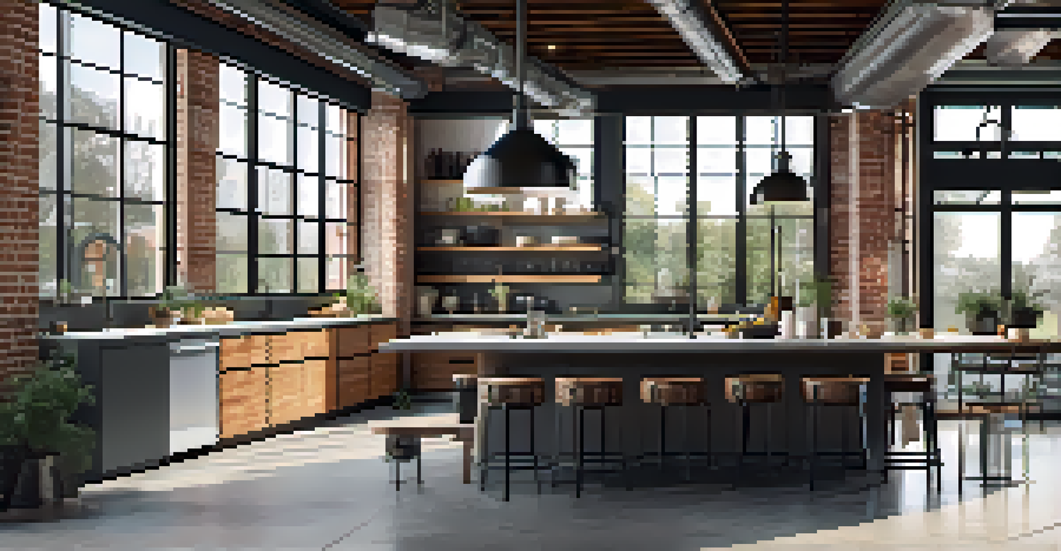 A modern industrial kitchen with exposed brick walls and steel beams, featuring integrated appliances and a minimalist design, illuminated by large windows.
