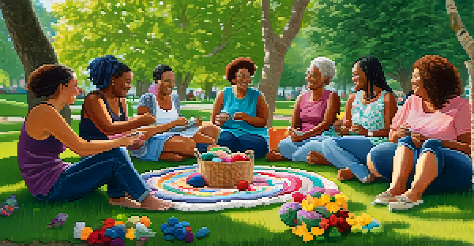 A diverse group of people gather outside, knitting and crocheting together in a park.