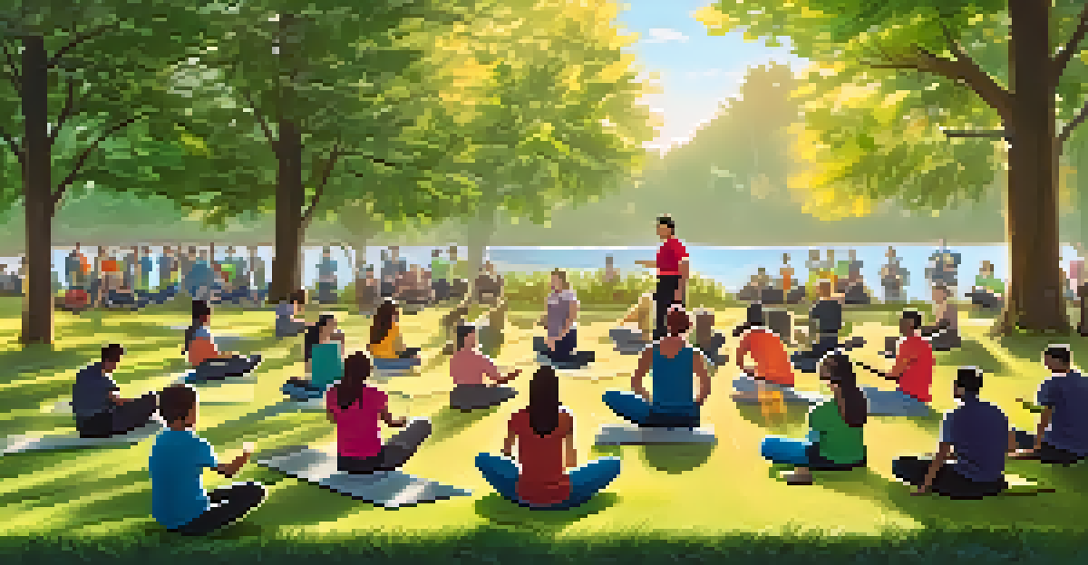 An outdoor self-defense workshop in a park, featuring diverse participants learning techniques on a sunny day with trees in the background.