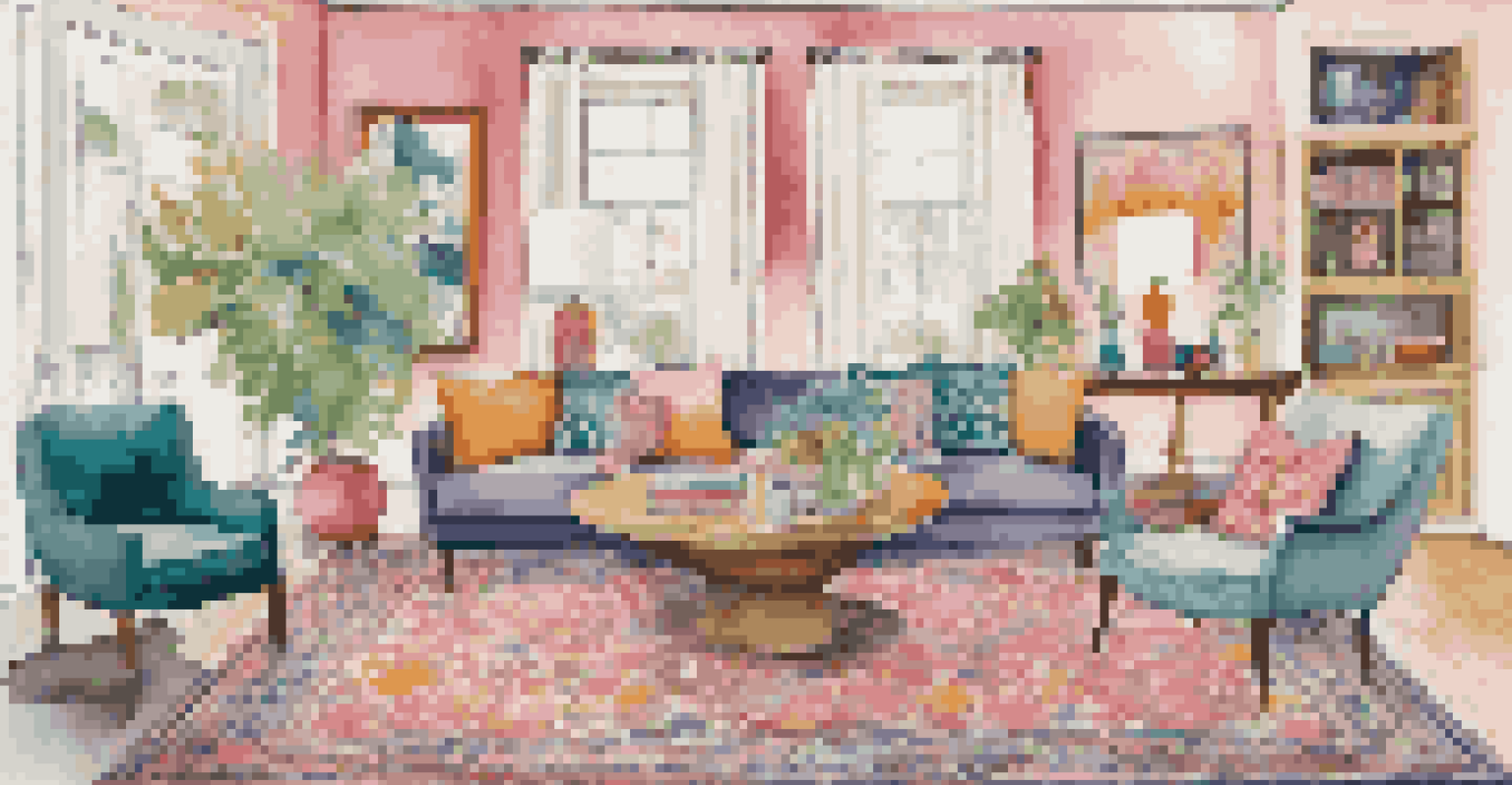 An eclectic room with a large patterned area rug, pastel walls, and colorful cushions, showcasing a mix of decor styles.