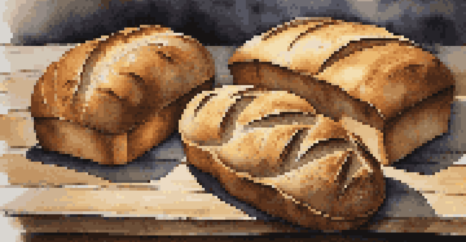 An artistic arrangement of various bread loaves on a rustic wooden table, showcasing different scoring techniques and golden crusts illuminated by natural light.
