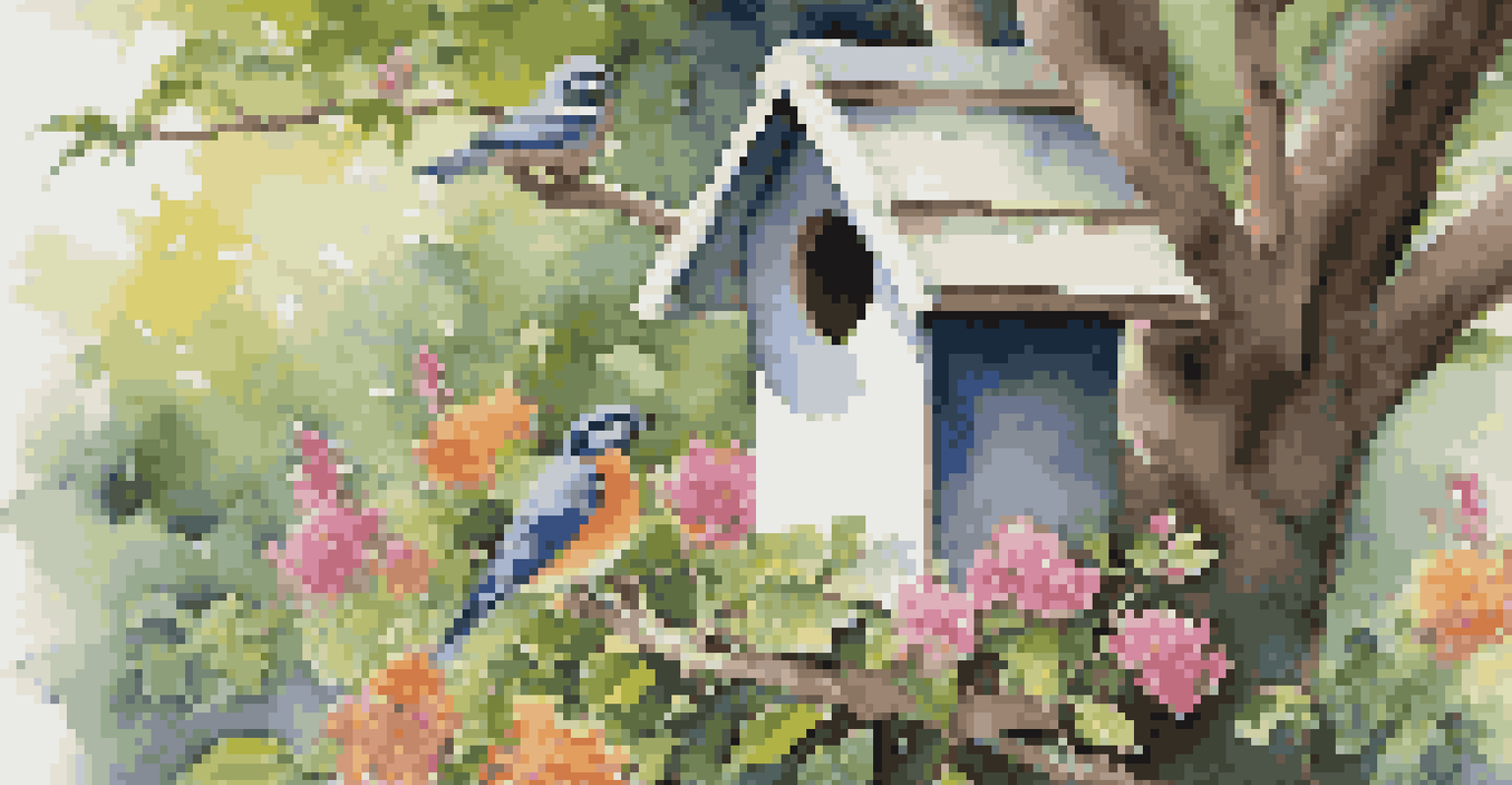 A birdhouse in a tree with birds visiting, surrounded by greenery and flowers.