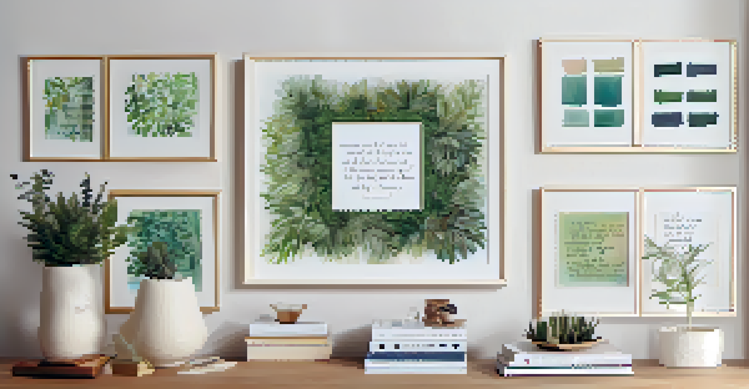 A gallery wall featuring framed calligraphic quotes in various styles and colors, surrounded by decorative accents.