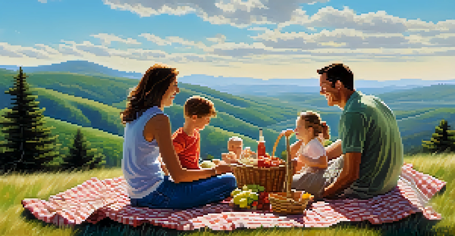 A family having a picnic on a scenic overlook, enjoying food together with beautiful nature in the background.