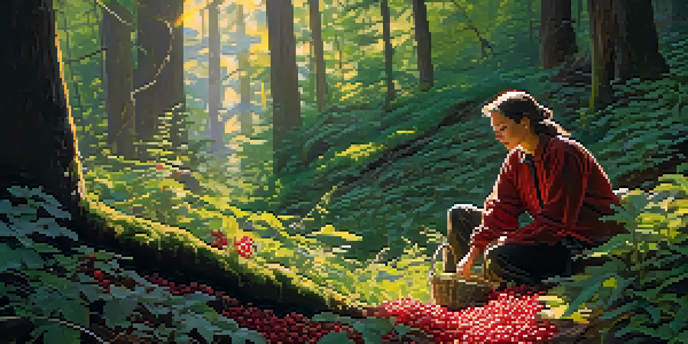 A forager in a forest, examining wild edible plants with a basket beside them.
