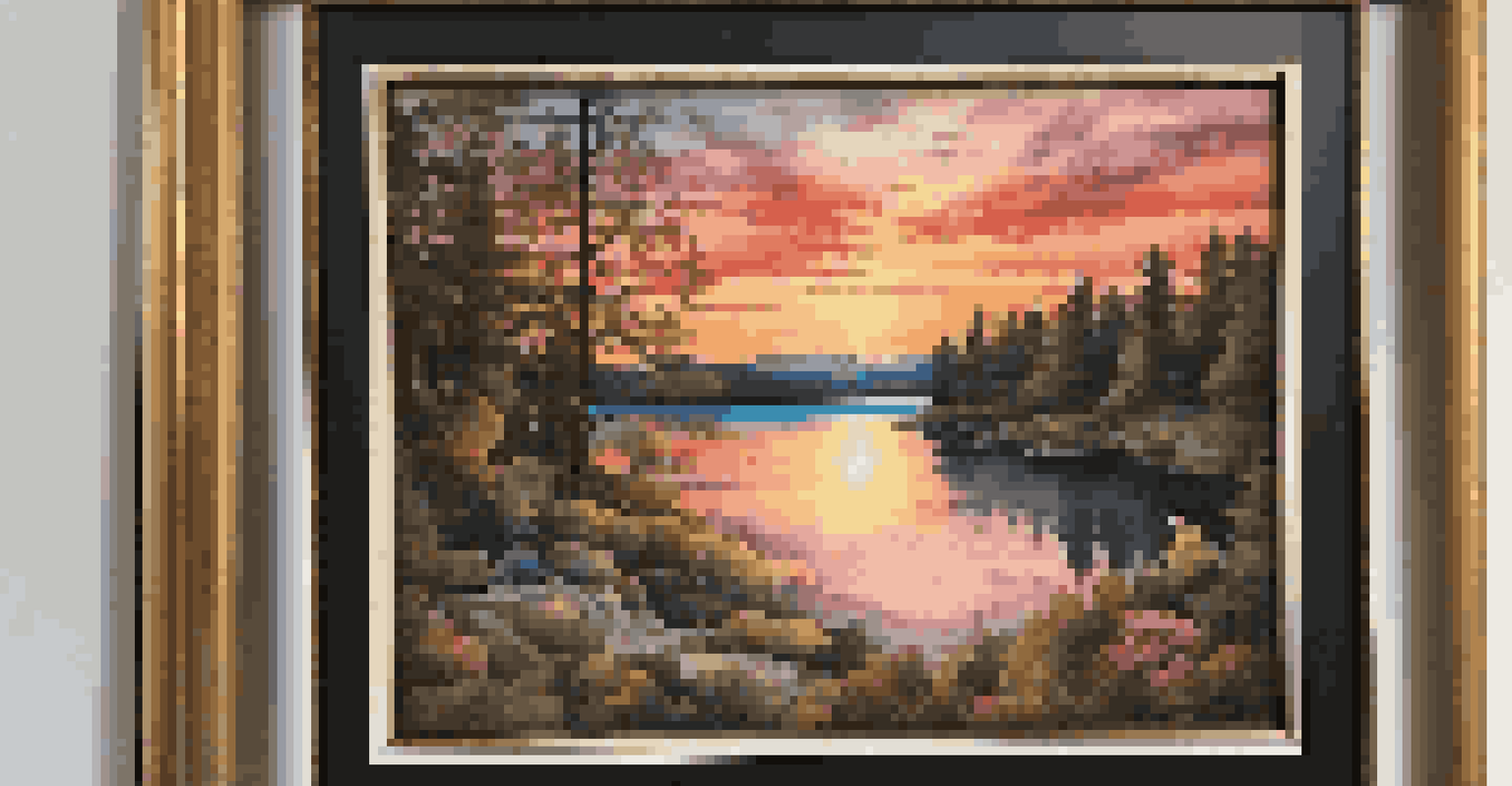 A restored jigsaw puzzle framed and displayed on a wall, featuring a colorful landscape scene.