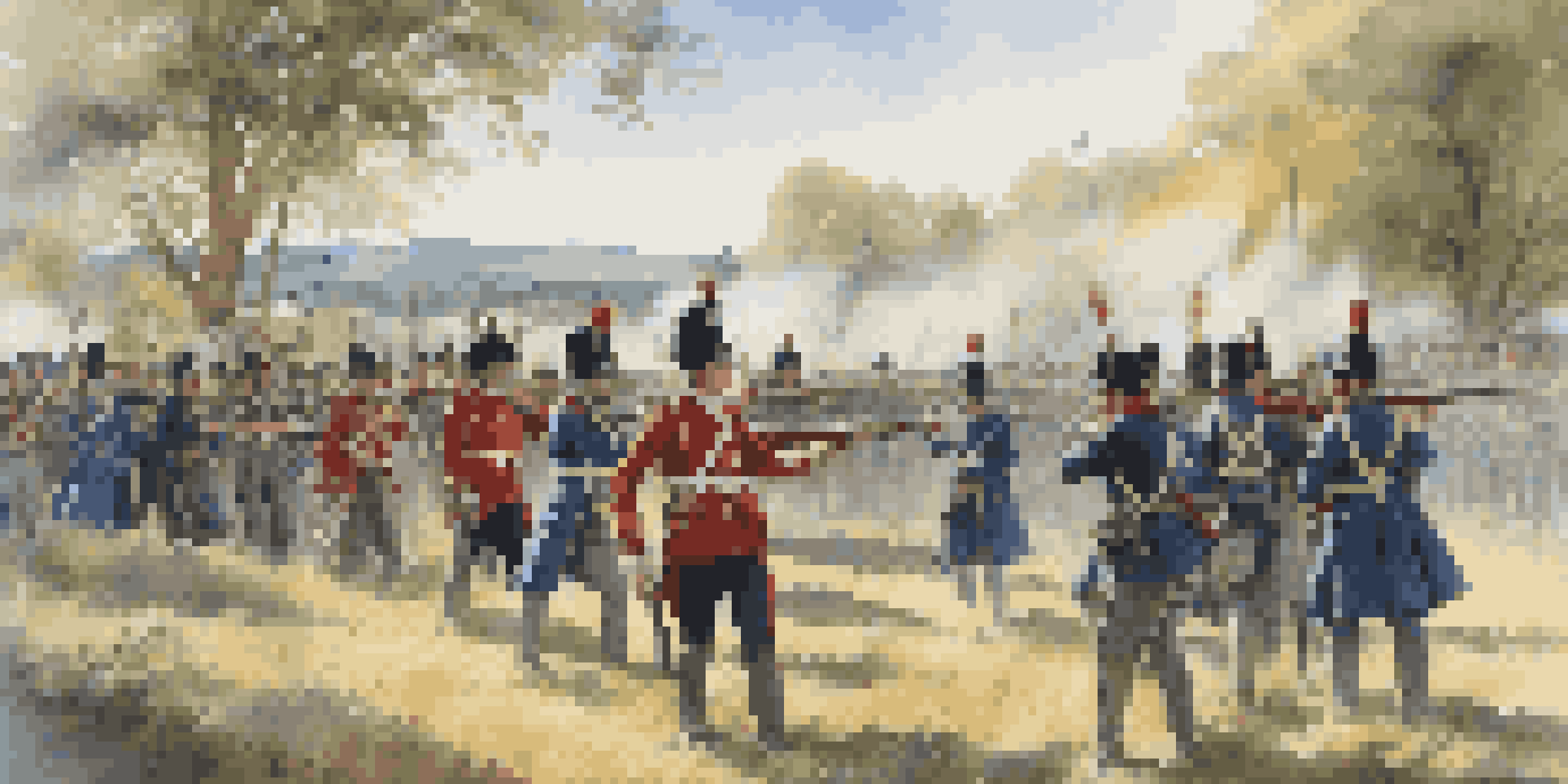 A group of reenactors in 19th-century military uniforms participating in a battle reenactment, set in a picturesque landscape with trees and hills.