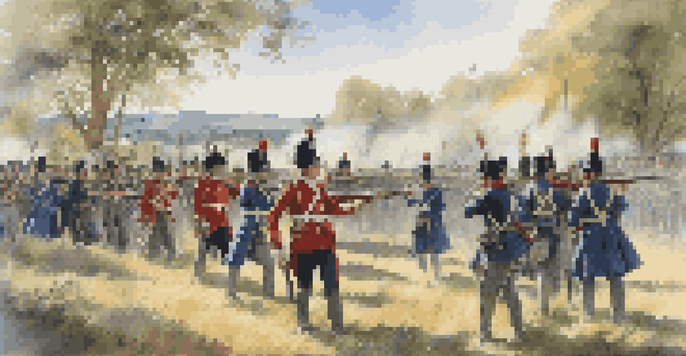 A group of reenactors in 19th-century military uniforms participating in a battle reenactment, set in a picturesque landscape with trees and hills.