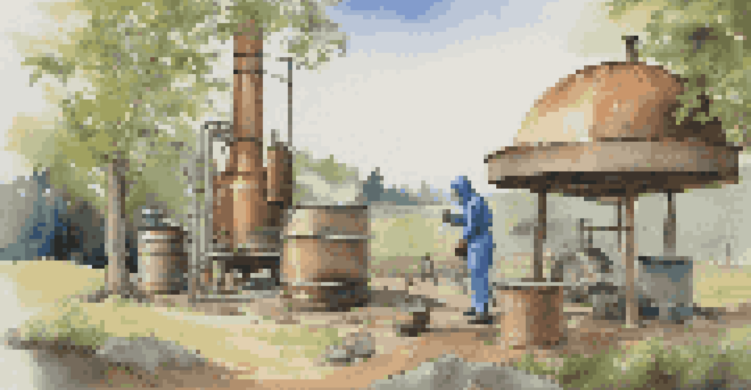 An outdoor distillation scene featuring a distiller in protective gear pouring liquid into a still, with trees and blue sky in the background.