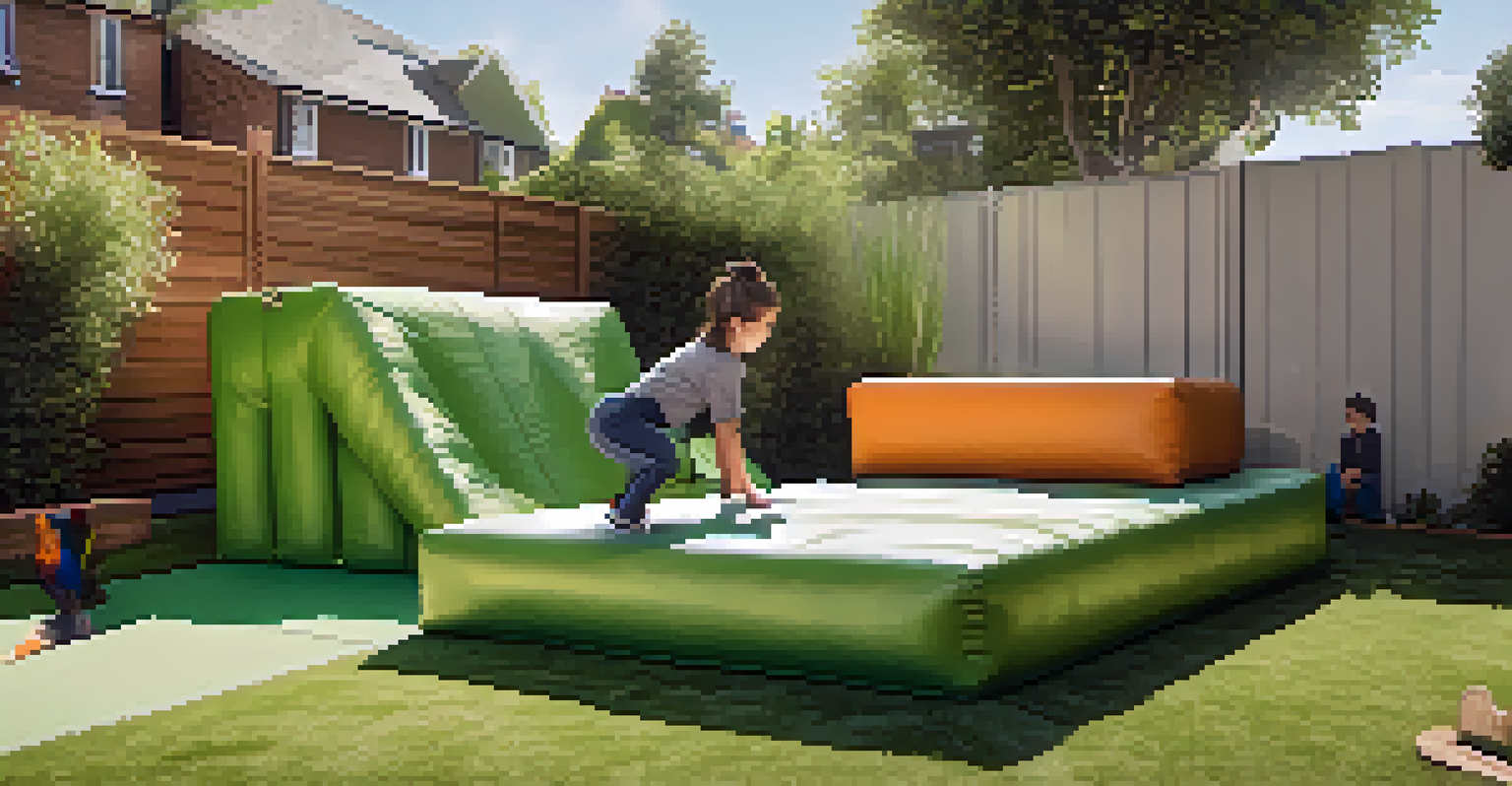 A child practicing parkour at home in a safe outdoor space filled with cushions and grass.