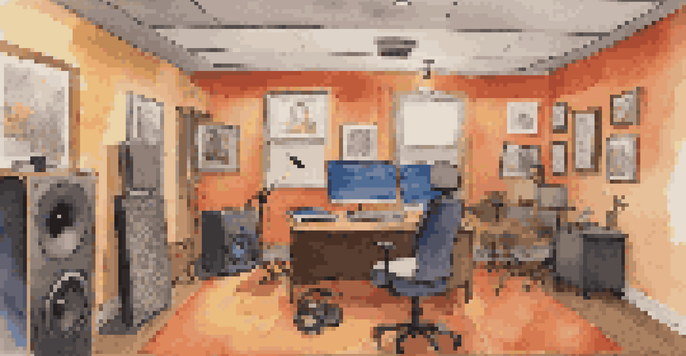 A cozy podcasting studio with a microphone and colorful soundproofing panels, decorated with humorous quotes and photographs.