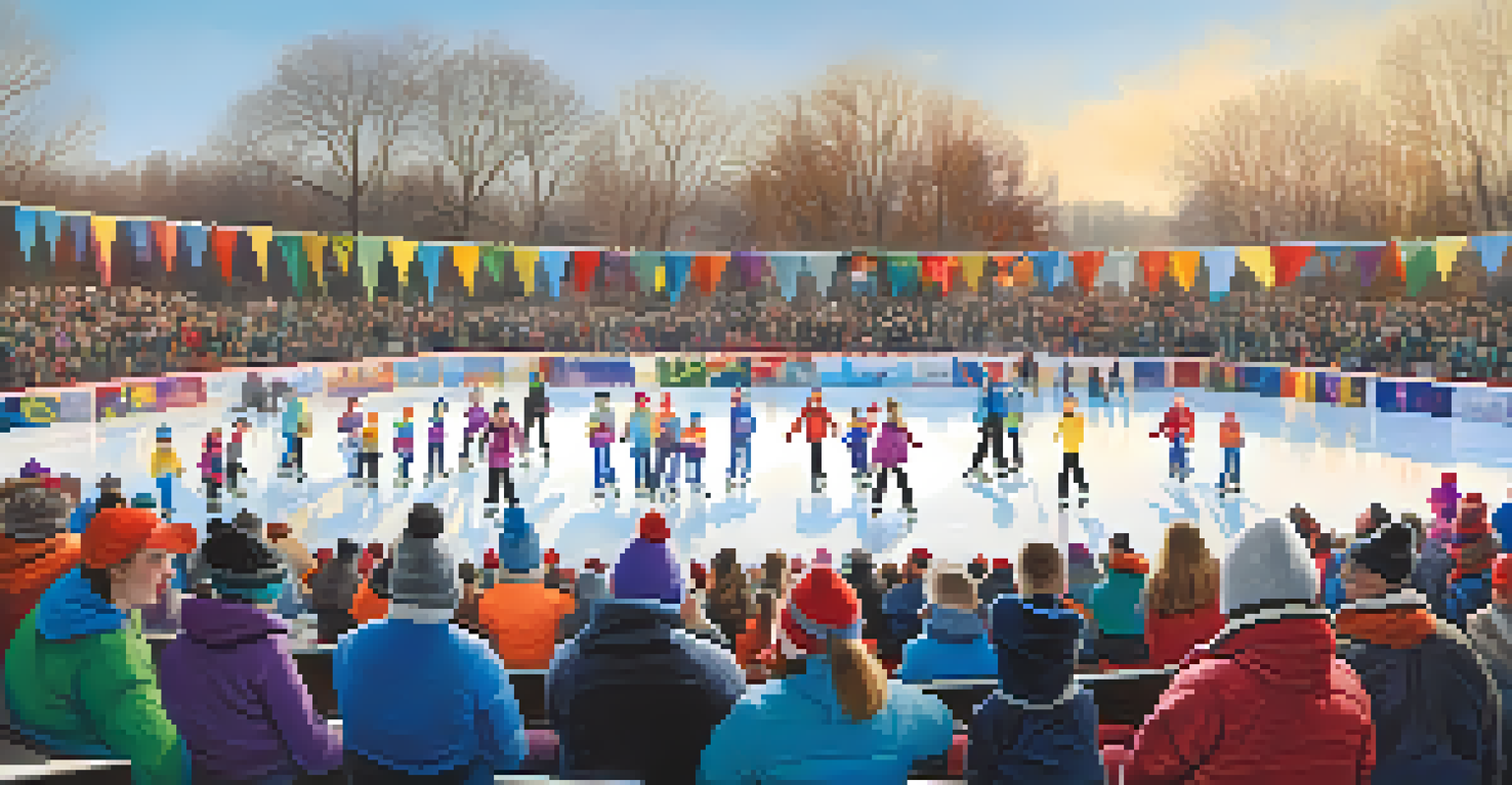 Young figure skaters performing at a local competition, with a supportive audience cheering from the sidelines.
