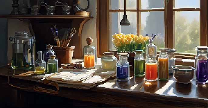 A candle-making workspace with organized tools and warm lighting, showcasing a cozy atmosphere.